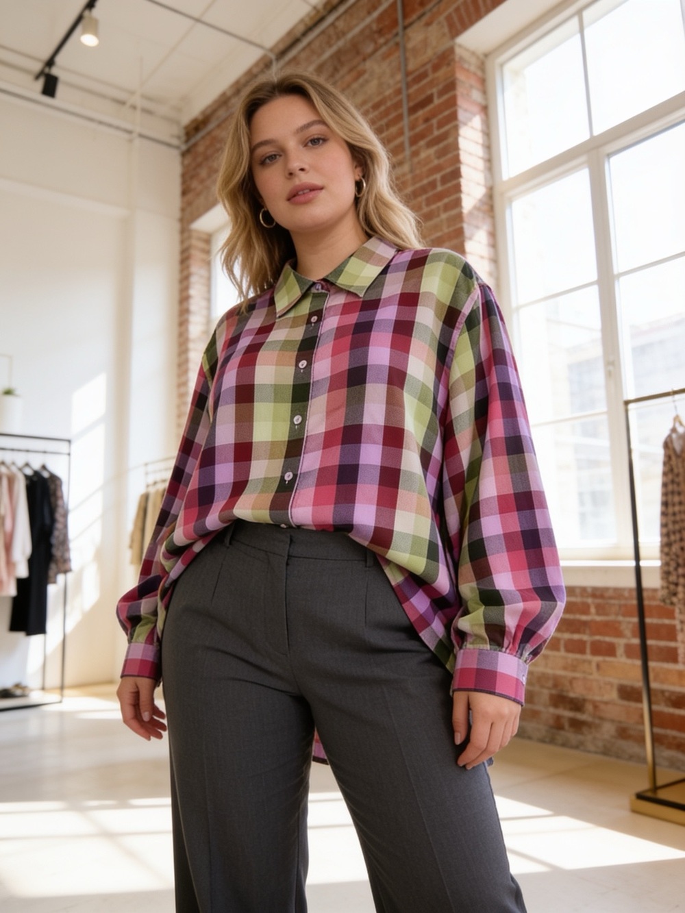 Foxcroft Colorful Plaid Button Front Blouse XL Pink Green Purple Check Shirt